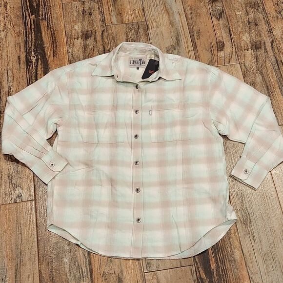 🔸NWT Levi's Silver Tab Mint Plaid Buttoned Front Long Sleeve Flannel Top XSmall - Picture 1 of 12